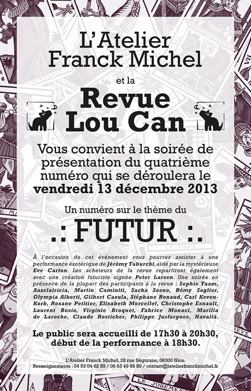 Affiche de la soirée de présentation du quatrième numéro de la revue Lou Can à l'Atelier Franck Michel à Nice.